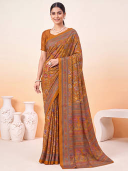 Akhilam - Women Mustard Printed Crepe Saree with Unstitched Blouse
