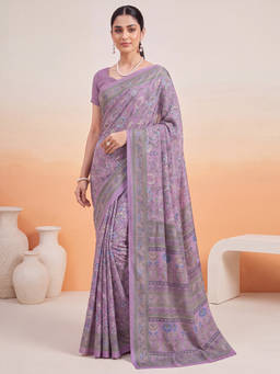 Akhilam - Women Lavender Printed Crepe Saree with Unstitched Blouse