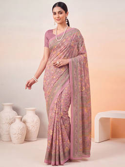 Akhilam - Women Mauve Printed Crepe Saree with Unstitched Blouse