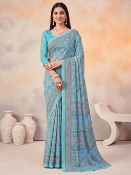 Akhilam - Women Blue Printed Crepe Saree with Unstitched Blouse