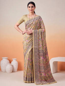 Akhilam - Women Beige Printed Crepe Saree with Unstitched Blouse