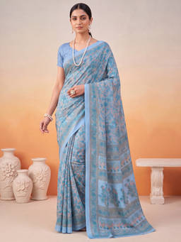 Akhilam - Women Blue Printed Crepe Saree with Unstitched Blouse