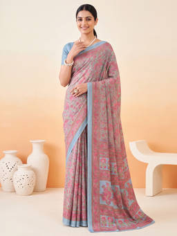 Akhilam - Women Pink Printed Crepe Saree with Unstitched Blouse