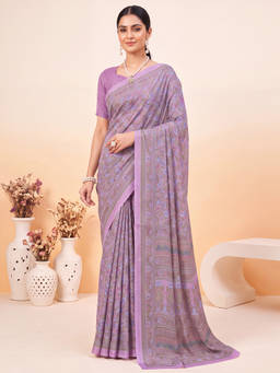Akhilam - Women Lavender Printed Crepe Saree with Unstitched Blouse