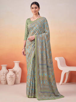 Akhilam - Women Green Printed Crepe Saree with Unstitched Blouse