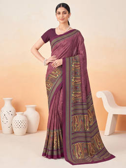 Akhilam - Women Burgundy Printed Crepe Saree with Unstitched Blouse