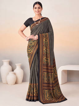 Akhilam - Women Green Printed Crepe Saree with Unstitched Blouse
