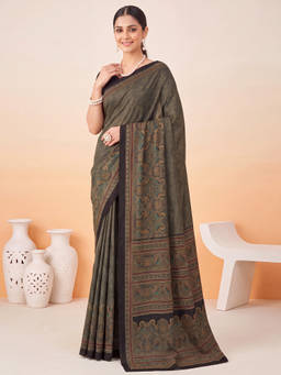 Akhilam - Women Black Printed Crepe Saree with Unstitched Blouse