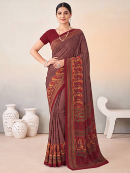 Akhilam - Women Maroon Printed Crepe Saree with Unstitched Blouse