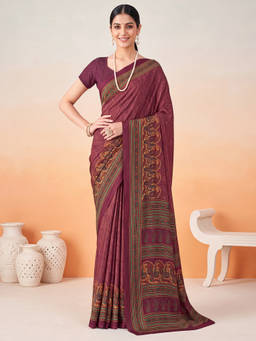 Akhilam - Women Burgundy Printed Crepe Saree with Unstitched Blouse
