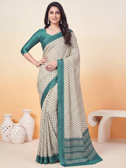 Akhilam - Women Cream Printed Crepe Saree with Unstitched Blouse