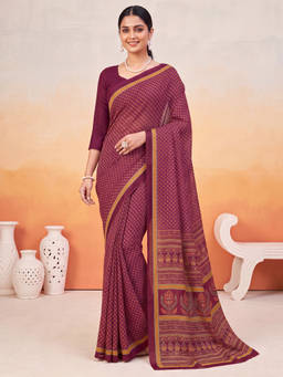 Akhilam - Women Magenta Printed Crepe Saree with Unstitched Blouse