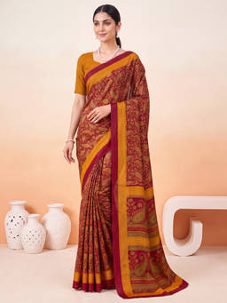 Akhilam - Women Maroon Printed Crepe Saree with Unstitched Blouse