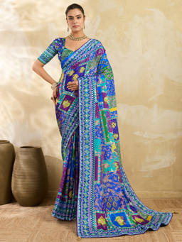 Akhilam - Women Blue Printed Satin Saree with Unstitched Blouse