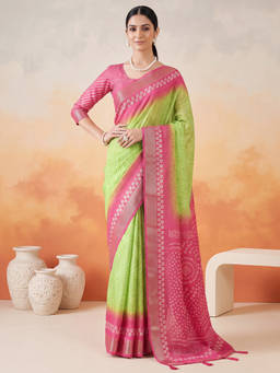Akhilam - Women Green Printed Cotton Blend Saree with Unstitched Blouse