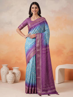 Akhilam - Women Blue Printed Cotton Blend Saree with Unstitched Blouse