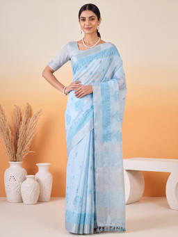 Akhilam - Women Blue Handloom Linen Saree with Unstitched Blouse