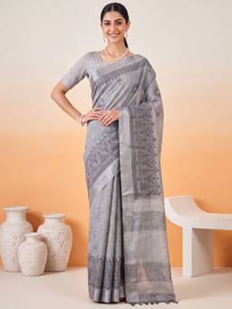 Akhilam - Women Grey Handloom Linen Saree with Unstitched Blouse