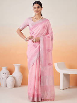 Akhilam - Women Pink Handloom Linen Saree with Unstitched Blouse