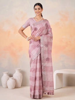 Akhilam - Women Pink Handloom Linen Saree with Unstitched Blouse