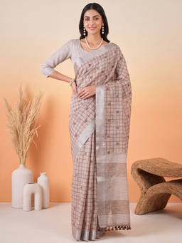 Akhilam - Women Grey Handloom Linen Saree with Unstitched Blouse