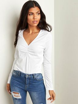 Styli - White Solid V Neck Regular Fit T-shirt With Long Sleeves