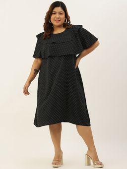 theRebelinme - Plus Size Women Black Polka Dot Printed Layered Midi Dress