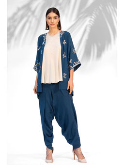 MANDIRA WIRK - Saphire Blue Kimono With Halter Neck Top And Dhoti (Set Of 3)