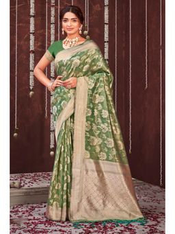 Sangam Prints - Light Green Organza Woven Zari Work Traditional Tassel Saree with Unstitched Blouse