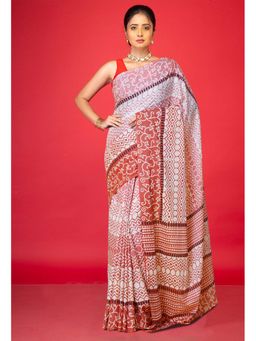 Unnati Silks - Blush Rust Pure Discharge Block Printed Soft Cotton Saree with Unstitched Blouse