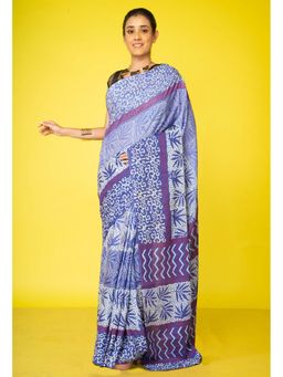 Unnati Silks - Blue Pure Discharge Block Printed Soft Cotton Saree with Unstitched Blouse