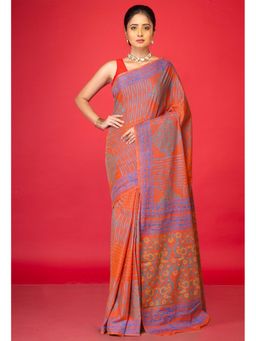 Unnati Silks - Orange Pure Discharge Printed Soft Cotton Saree with Unstitched Blouse
