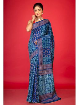Unnati Silks - Navy Blue Pure Discharge Printed Soft Cotton Saree with Unstitched Blouse