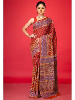 Unnati Silks - Red Pure Discharge Printed Soft Cotton Saree with Unstitched Blouse