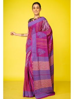 Unnati Silks - Purple Pure Discharge Printed Soft Cotton Saree with Unstitched Blouse