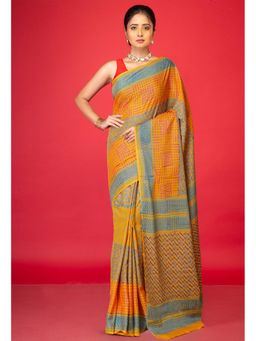 Unnati Silks - Yellow Pure Discharge Block Printed Soft Cotton Saree with Unstitched Blouse