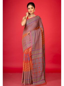 Unnati Silks - Orange Pure Discharge Block Printed Soft Cotton Saree with Unstitched Blouse