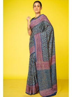 Unnati Silks - Navy Blue Pure Discharge Printed Soft Cotton Saree with Unstitched Blouse