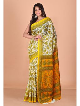 Unnati Silks - Green and Yellow Pure Floral Hand Block Printed Kota Saree with Unstitched Blouse