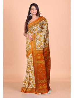 Unnati Silks - Ivory and Orange Pure Floral Hand Block Printed Kota Saree with Unstitched Blouse