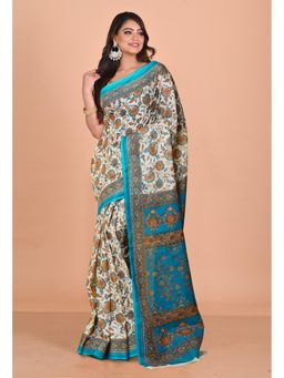 Unnati Silks - Off White and Blue Pure Hand Block Printed Kota Saree with Unstitched Blouse