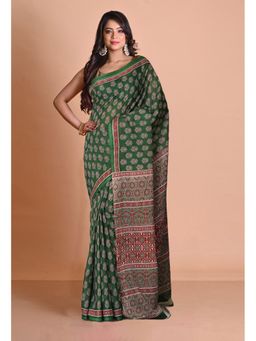 Unnati Silks - Green Pure Floral Hand Block Printed Kota Saree with Unstitched Blouse