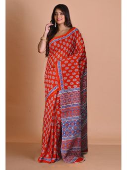 Unnati Silks - Red Pure Floral Hand Block Printed Kota Saree with Unstitched Blouse