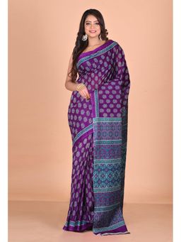 Unnati Silks - Purple Pure Floral Hand Block Printed Kota Saree with Unstitched Blouse