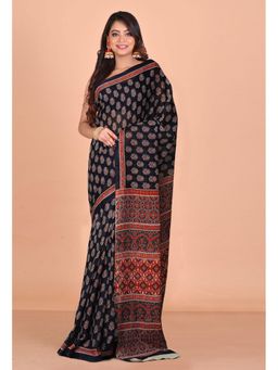 Unnati Silks - Black Pure Floral Hand Block Printed Kota Saree with Unstitched Blouse