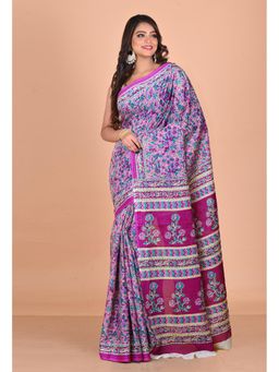 Unnati Silks - Pink Pure Floral Hand Block Printed Kota Saree with Unstitched Blouse