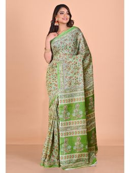 Unnati Silks - Green Pure Floral Hand Block Printed Kota Saree with Unstitched Blouse