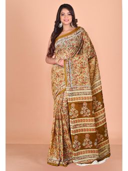 Unnati Silks - Brown Pure Floral Hand Block Printed Kota Saree with Unstitched Blouse