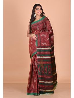 Unnati Silks - Rust Pure Hand Block Printed Kota Saree with Unstitched Blouse