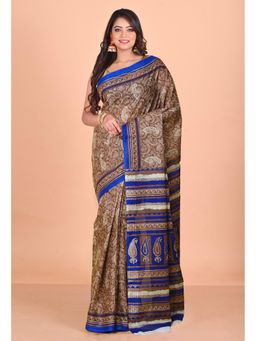 Unnati Silks - Brown Pure Hand Block Printed Kota Saree with Unstitched Blouse